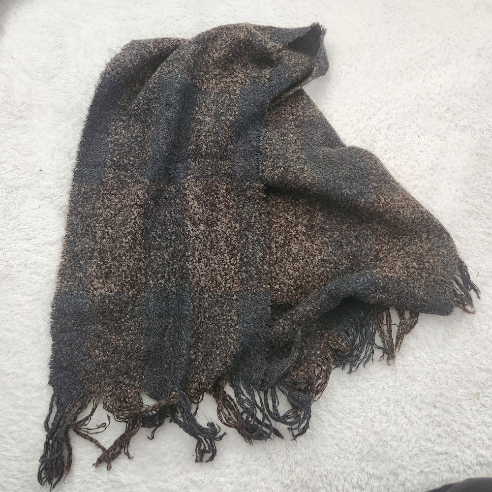 Kenneth Cole New York Scarf Plaid Boucle Knit Fringe‎ Charcoal Brown Grey Mens